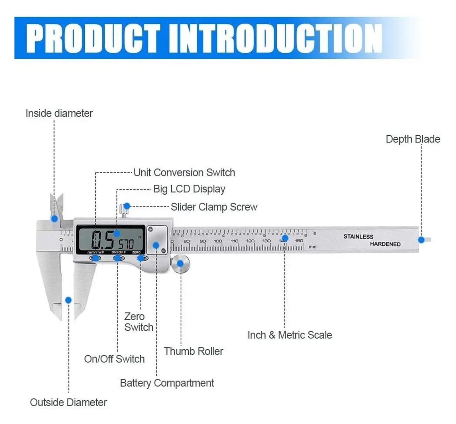 Digital Vernier Caliper Stainless Steel Caliper 0-150MM 6 Inch 0.01mm Digital Display Electronic Ruler Length Measuring Tools