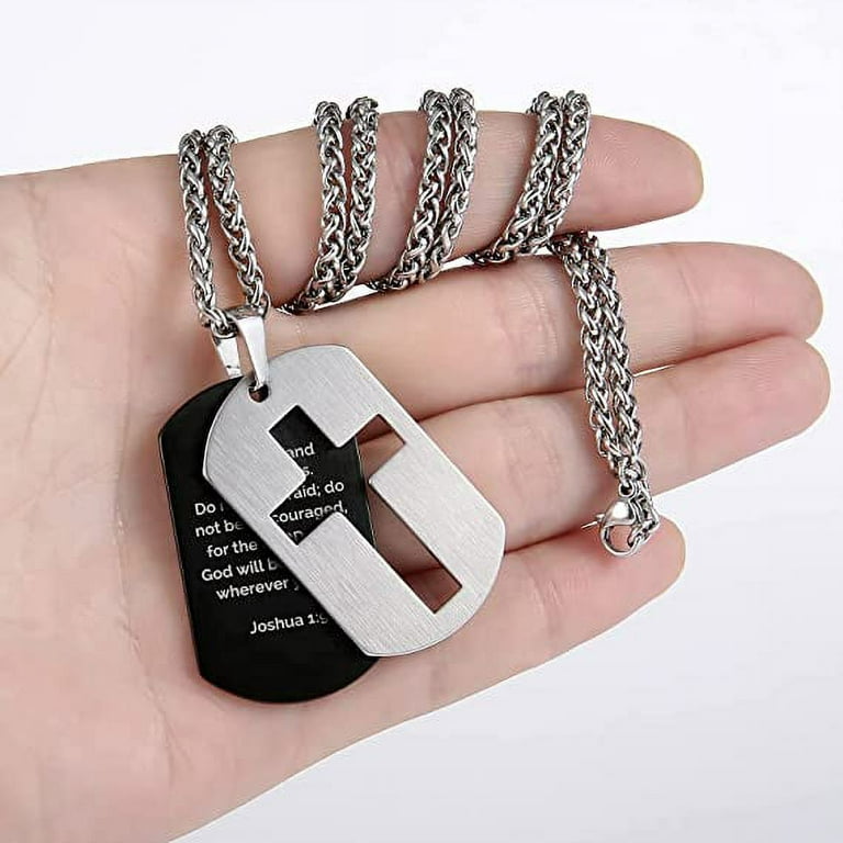Zray Dog Tag Necklace for Men Bible Verse Cross Pendant Stainless Steel Chain 24inch Inspirational Christian Jewelry Meaningful Religious Gift for