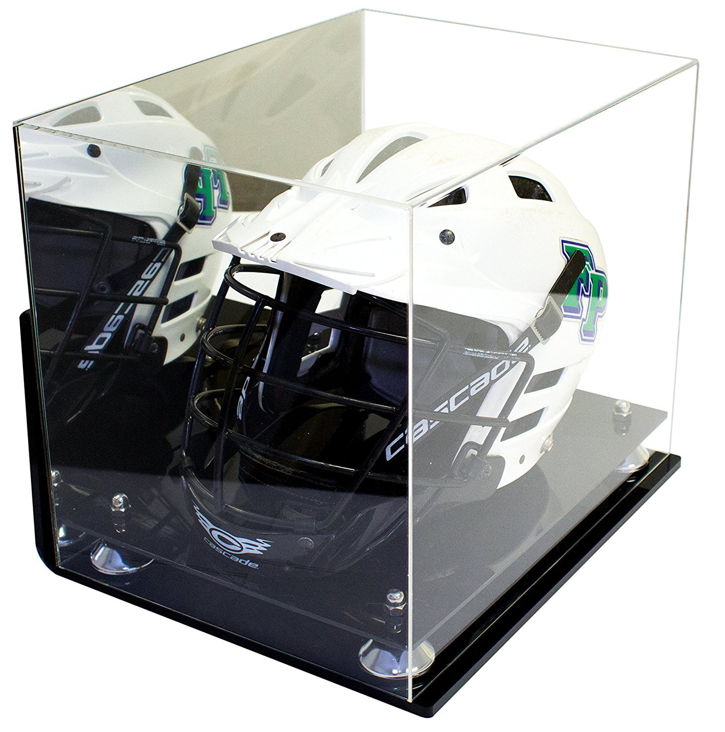 Deluxe Acrylic Lacrosse Helmet Display Case with Silver Risers Mirror