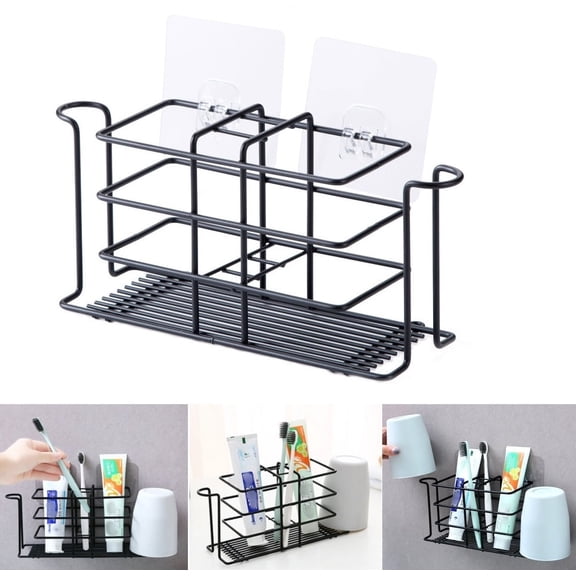 Toothbrush Holder Rack with Mouthwash Cup Holder Slots,Electric Toothbrush Toothpaste Holder Creative Wall-Mounted Drill Free Storage Rack for Bathroom,Black