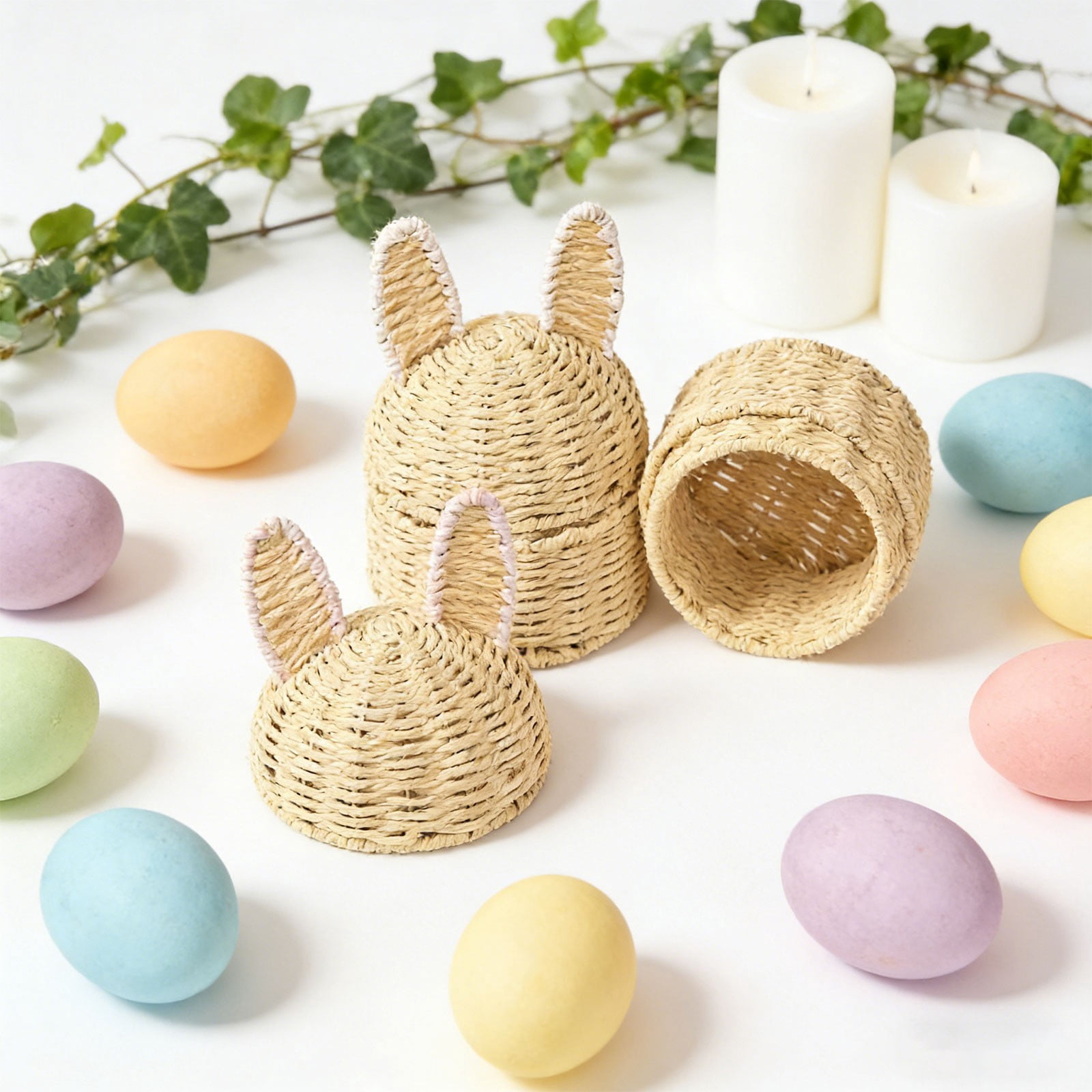 HCTSHG Easter Bunny Woven Basket Cute Rabbit Basket Multi-Purpose Storage Organizer for Home Nursery Picnic and Sundries, Woven Storage Basket Holiday Egg Decor Basket Home Desktop