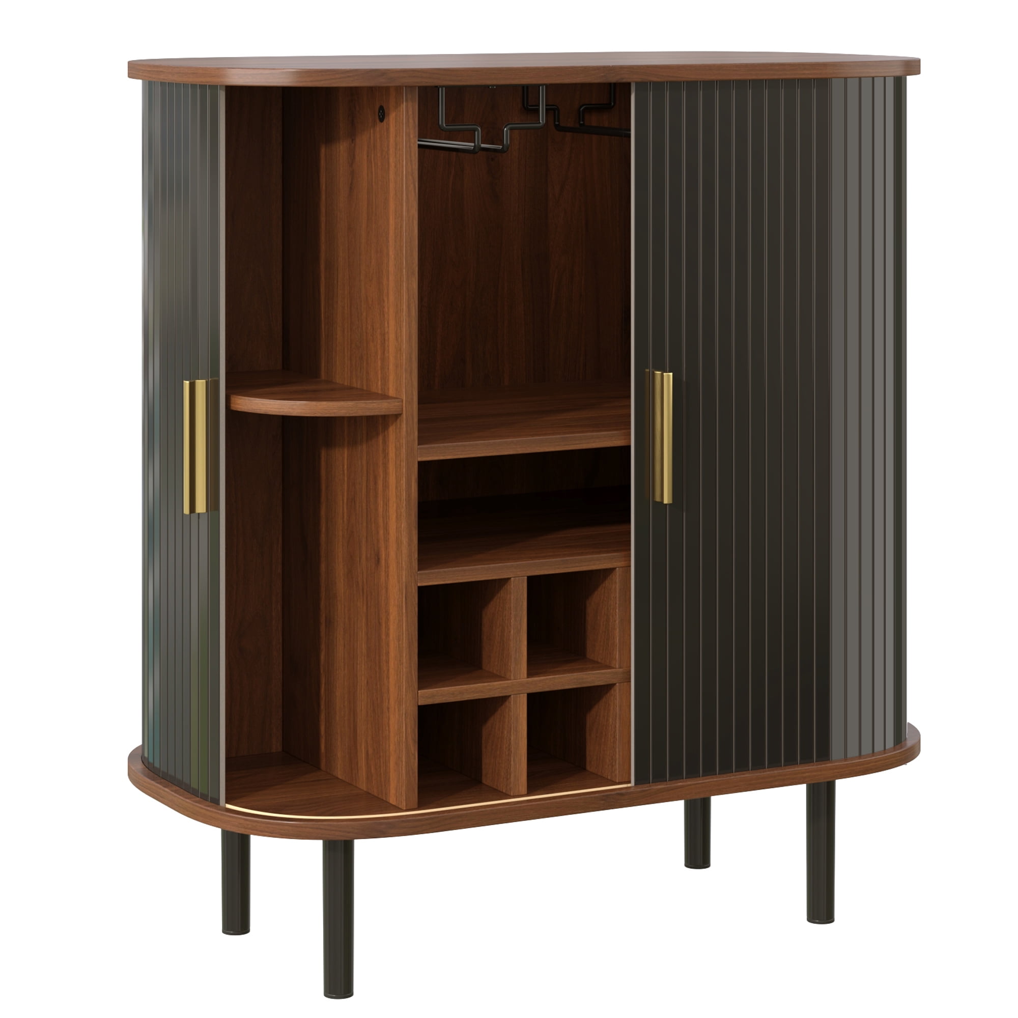 Euroco 28" Wine Bar Cabinet, Standing Liquor Cabinet with 8 Wine Racks,2 Glass Holders,Sliding Doors & Side Hidden Storage Space,Coffee Bar Cabinet with Adjustable Shelves for Kitchen Dining Room