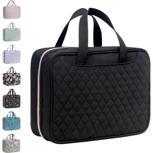 Neceser colgante de viaje para mujeres que viajan con compartimento a prueba de fugas, organizador de cosméticos, kit de accesorios de viaje esenciales, Negro, Neceser
