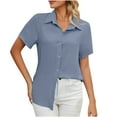 thumbnail image 2 of Blouses for Women Button up Shirts Cotton Short Sleeve Blouses V Neck Casual Tunics Shirt Solid Color Tops, 2 of 9