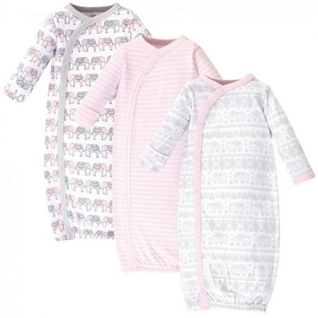 UPC: 0660168679465 | Touched by Nature Baby Girl Organic Cotton Side-Closure Snap Long-Sleeve Gowns 3pk  Pink Gray Elephant  0-6 Months