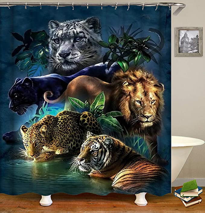 Tiger Lion Leopard Animal Theme Shower Curtain Bathroom Decor with Hooks 72X72in 