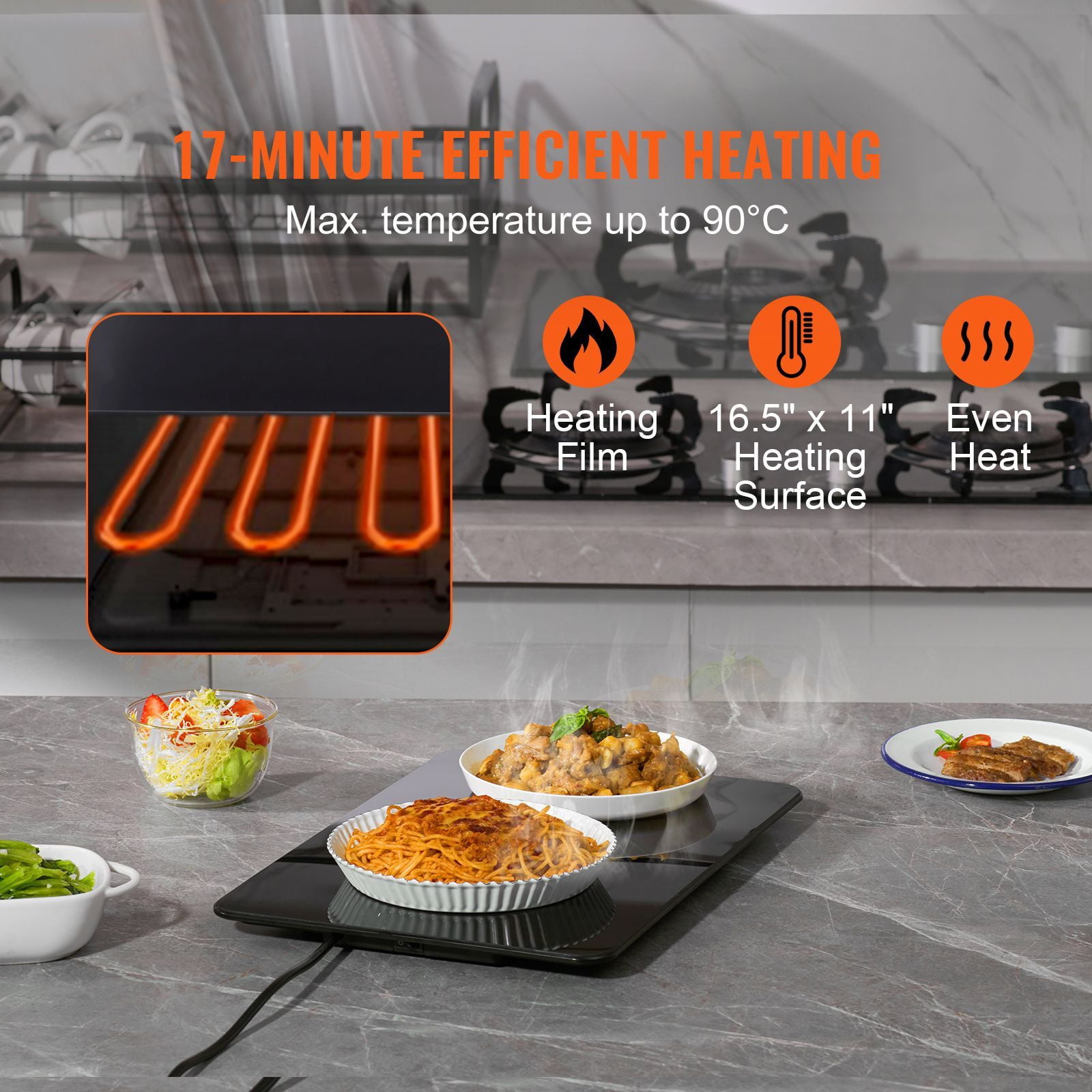 Electric Warming Tray Tempered Glass 16.5x11 Inch 65-90°C for Food Warming Defrosting Milk Tea