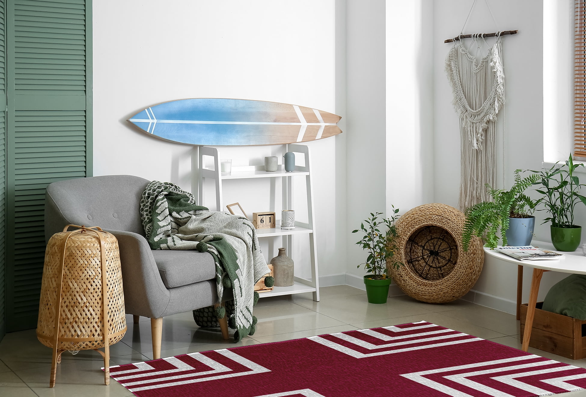 4' x 6' Simply Daisy Corner Stripes Modern & Contemporary Chenille Area Rug, Maroon Red