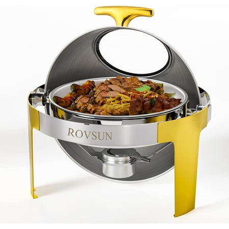 

ROVSUN Roll Top Chafing Dish Buffet Set Gold Accent 6 Quart Round Stainless Steel Chafer Buffet Servers and Warmers Set Warming Tray with Glass Window for Wedding Parties Banquet Events