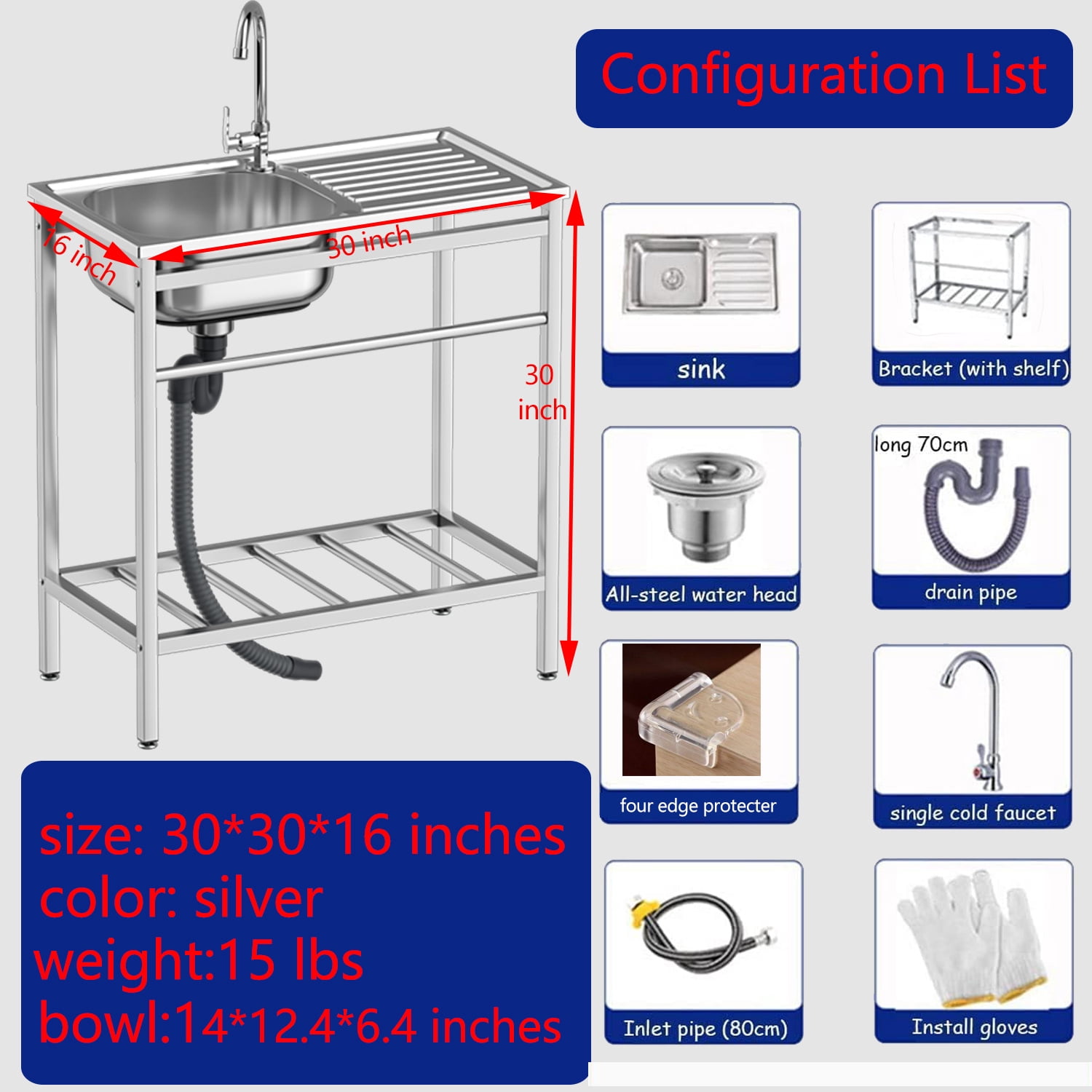 30*16*30 inch Free Standing Utility Sink Stainless Steel Commercial Kitchen Sink