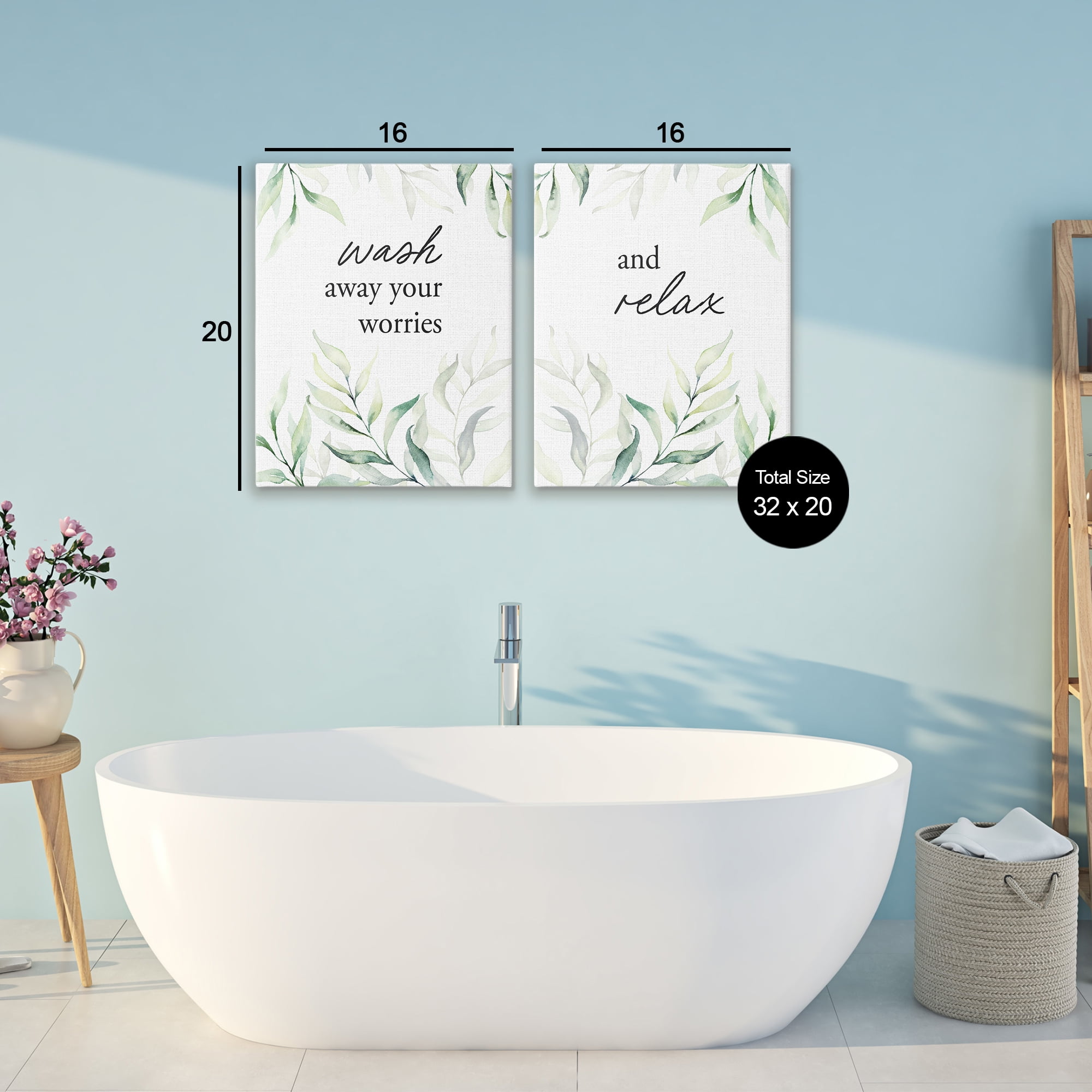 Soothing Bathroom Greenery Words 2 Piece Canvas Wall Art Set, design by Lettered and Lined