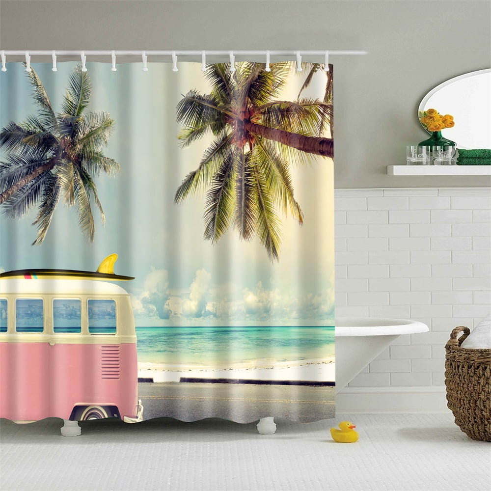 Shower Curtain Vintage Beach Theme Cute Pink Car Parking Coconut Tree Blue Ocean Teal Bathroom