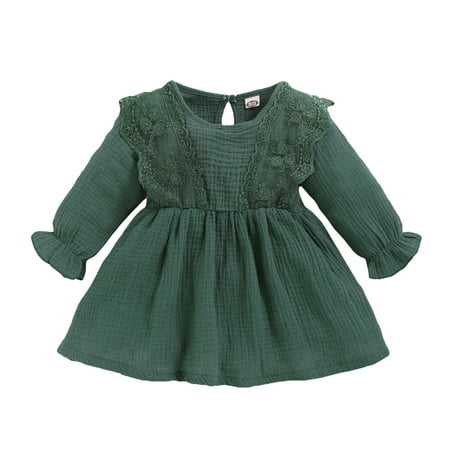 

Toddler Baby Girls Clothes Baby Girls Dress Long Sleeve Round Neckline Dress 12-18 Months Girls Solid Color Dress Green