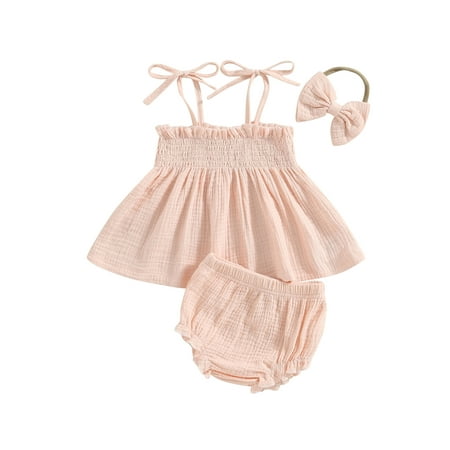 

Newborn Baby Girl 3Pcs Summer Outfits Set Sleeveless Tie Strap Shirred Tops and Shorts and Headband Suit 0-6 Months