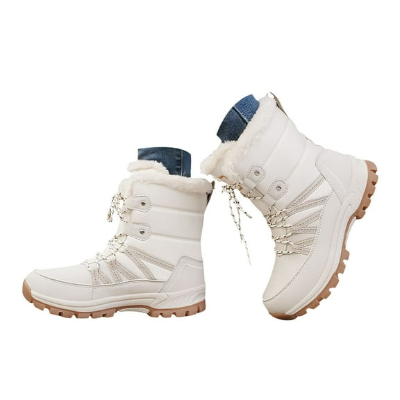 Mepaouo Womens Winter Boots Lace up Waterproof Warm Hiking Mid Calf Walking Ankle Booties(Beige,6)