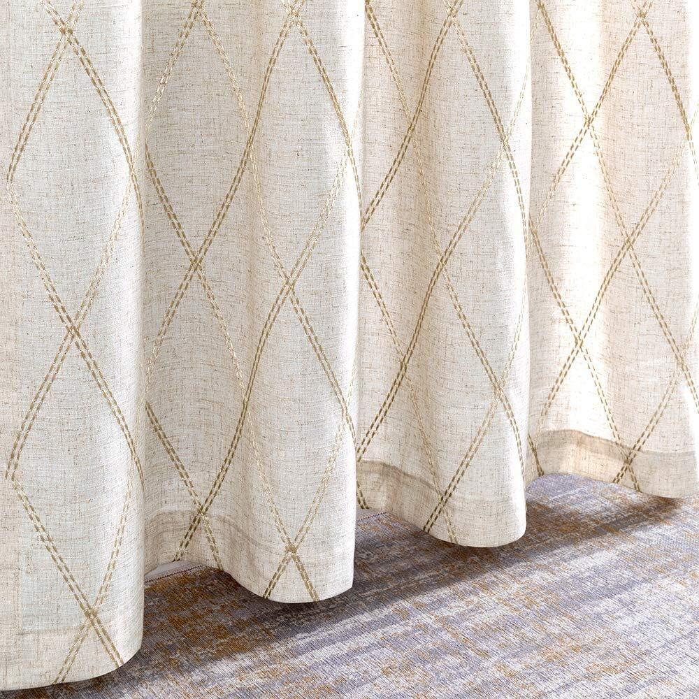 Curtainking Linen Curtains for Living Room 63 inch Farmhouse Diamond Embroidered Flax Window Drapes Light Filtering Grommet Curtains 2 Panels Beige