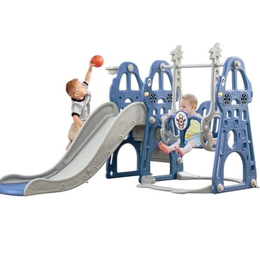 Ealing Slide and Swing Set for Toddlers,Baby Swing with  Safety Belt for Age 1-2,4 in 1 Playset Toys with Basketball Hoop Indoor Outdoor,Blue