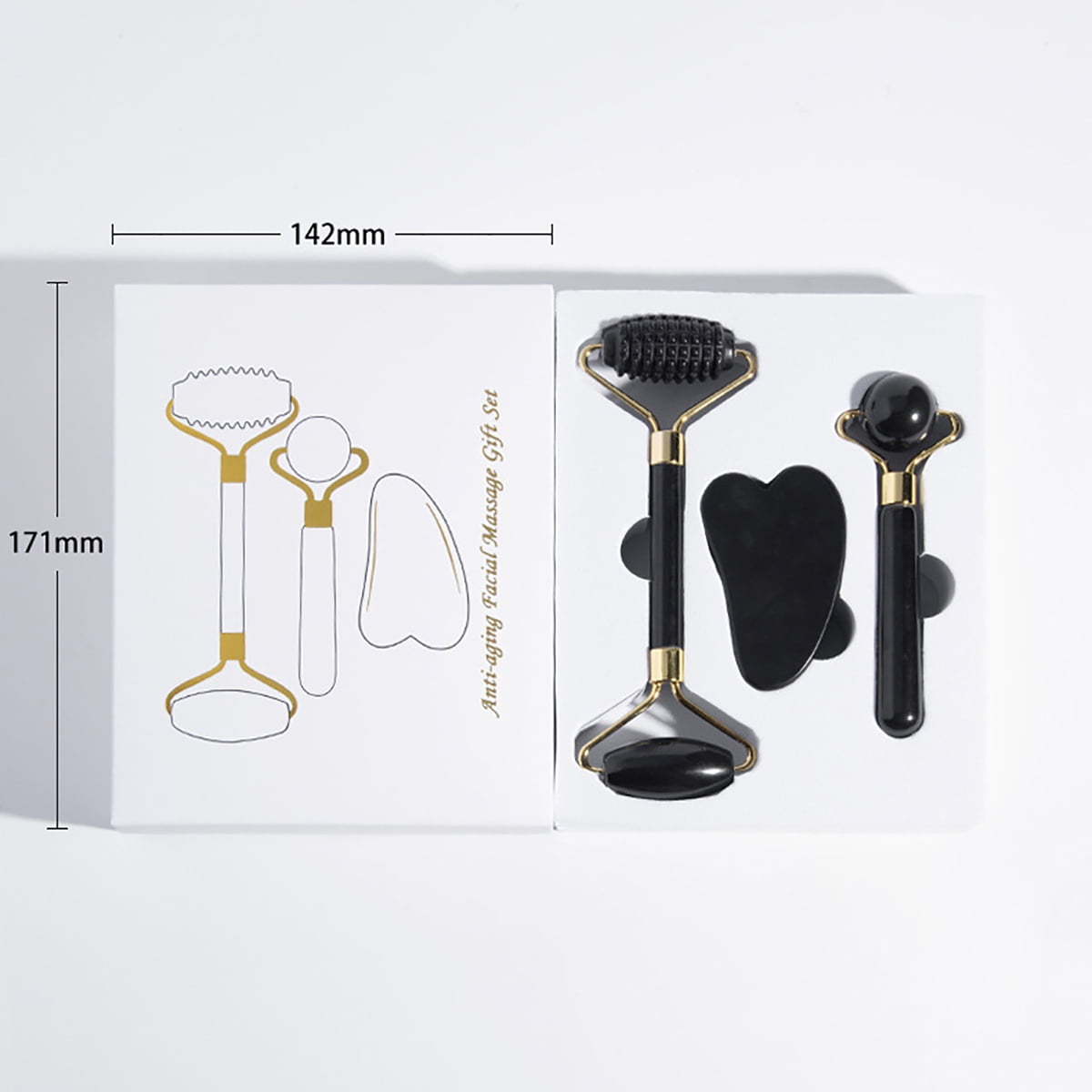 Jade Roller and Gua Sha Set - Face Massager 3 in 1 Kit - Massage Tools Set for Body Muscle Relaxing Relieve Wrinkles (Black)