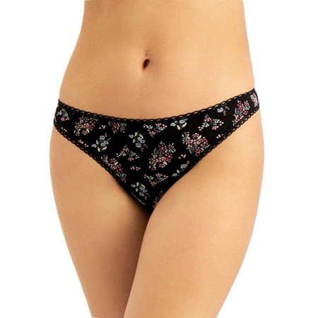 Charter Club Women s Lace Trim Cotton Thong  Black Floral Large