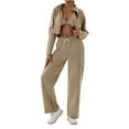 thumbnail image 3 of Women High Waisted Drawstring Wide Leg Cargo Pants Trendy Casual Baggy Joggers Pants with Pockets Cocoa Color L, 3 of 9
