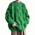 thumbnail image 5 of TFEOQRY Men's Crew Neck Sweater Loose Checkered Textured Knit Long Sleeve Pullover Casual Fall Winter Warm Top Green, 5 of 5