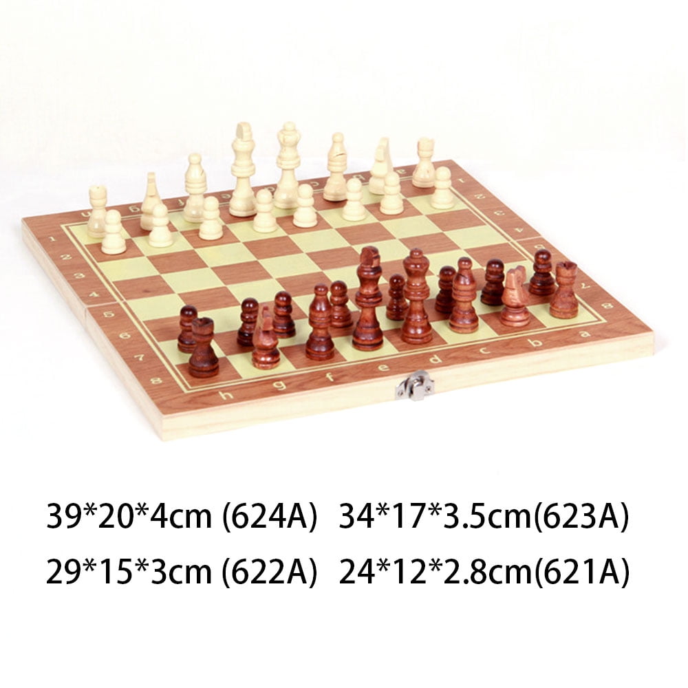 11.4" Folding Wooden Wood Chess Set Board Game Gift Checkers Backgammon 