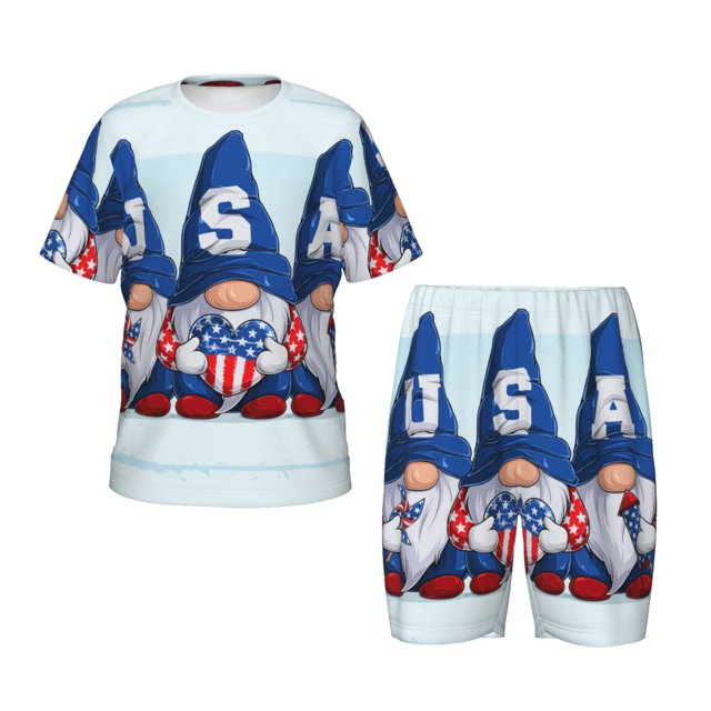Fotbe Cute Gnomes in USA Pijama Estampada de 2 Piezas para Niños – Ropa de Dormir de Manga Corta Cómoda para Niños y Niñas, Camiseta y Shorts de Algodón-Medium