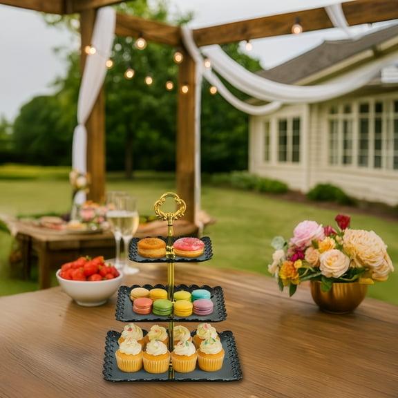 3-Tier Dessert Stand, Black & Gold Wave Design Cake Stand for Wedding & Party Decor, Sturdy Metal Display for Cupcakes & Buffet
