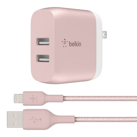 Belkin 24W Dual Port USB Wall Charger - Braided Lightning Cable Included for Power Bank, iPhone 14, 13, 12, and11, Samsung & more - Rose Gold