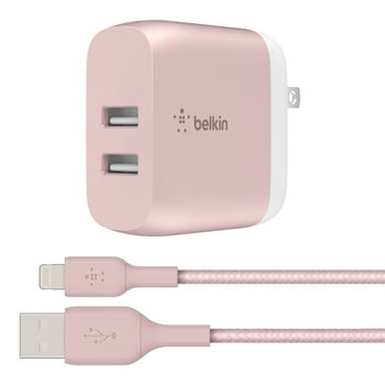 Belkin 24W Dual Port USB Wall Charger - Braided Lightning Cable Included - iPhone Charger Fast Charging - USB Charger Block for Power Bank, iPhone 14, 13, 12, and11, Samsung & more, Rose Gold