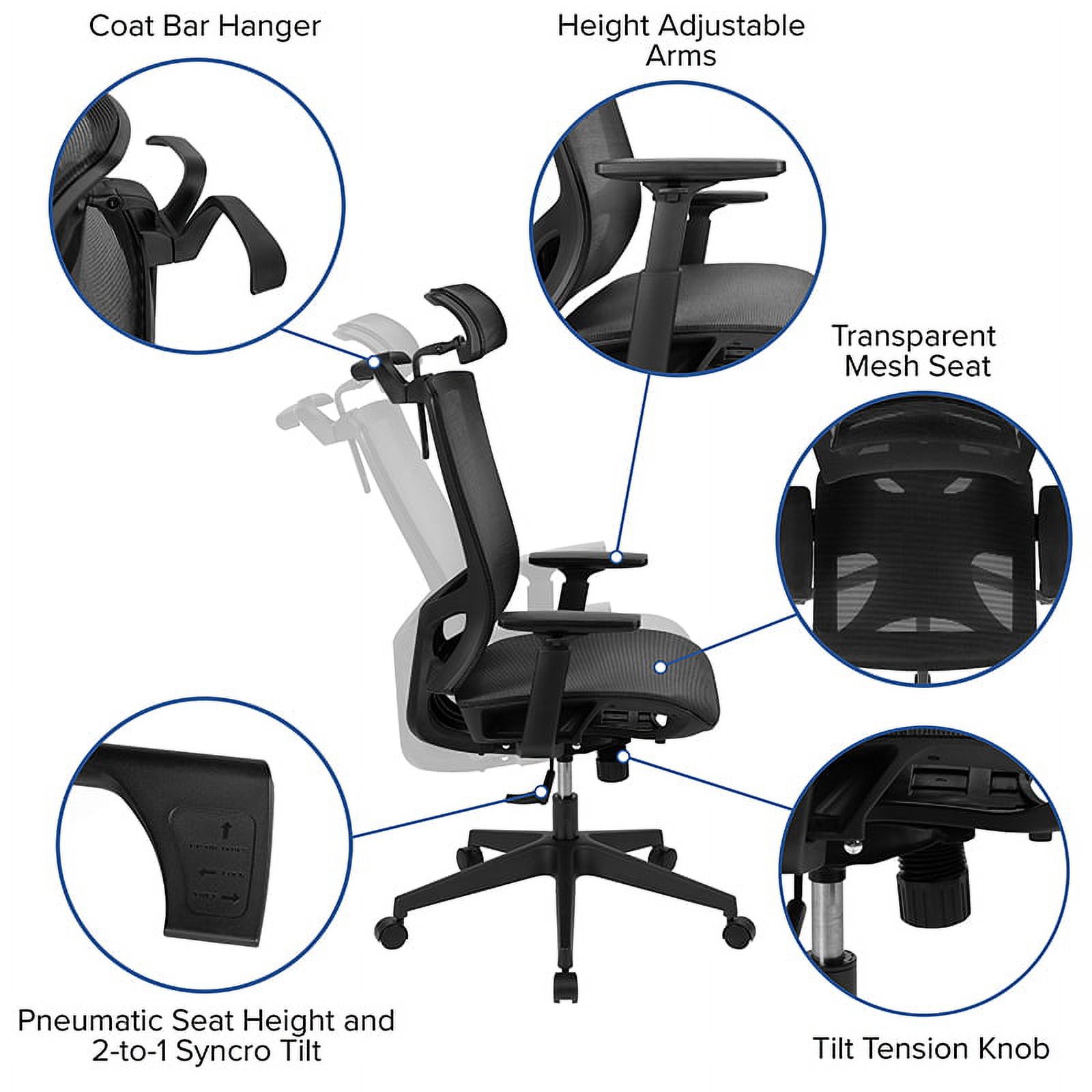 Flash Furniture Ergonomic Mesh Office Chair with Synchro-Tilt, Pivot Adjustable Headrest, Lumbar Support, Coat Hanger and Adjustable Arms in Black [H-2809-1KY-BK-GG] - image 5 of 5