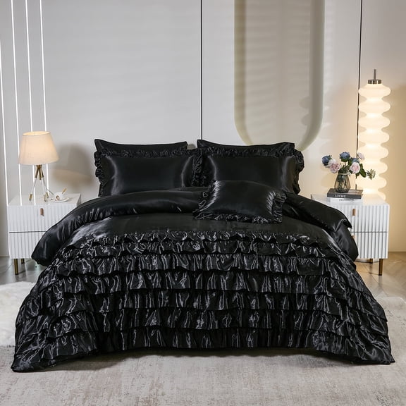 Silk Like Black Comforter Set 8 Pieces Bed in a Bag King Size Silky Comforter Set with Sheet Set Boho Chic Black Waterfall Ruffle Bedding Comforter Sets for Girls Women