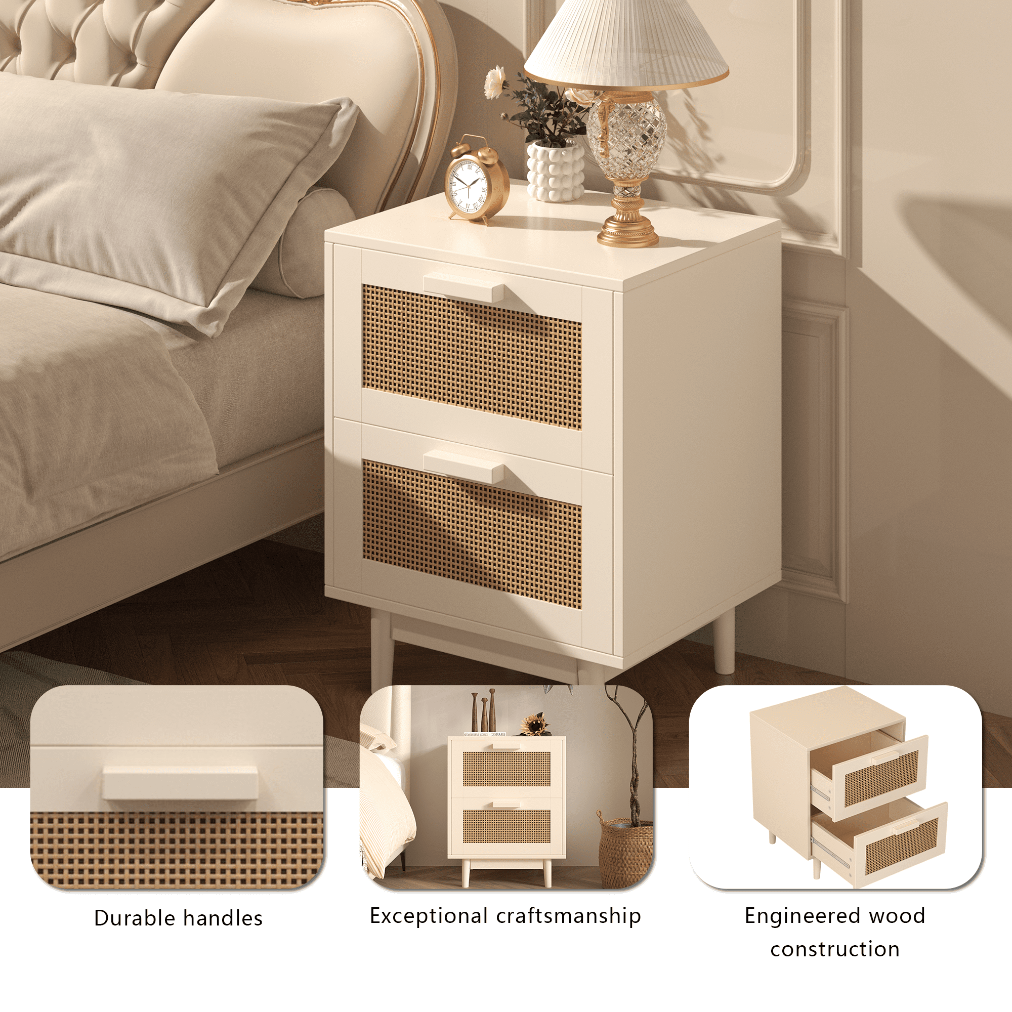 Yoneston Rattan Nightstand with 2 Drawers, Storage Bedside Accent Table End Table for Bedroom, Dorm and Small Spaces, Off-White