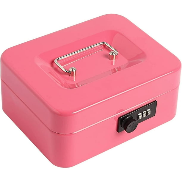 Caja de efectivo con candado de combinación, Caja de efectivo de metal con bandeja para dinero, 7.87"x 6.30"x 3.54", Rosa pequeña