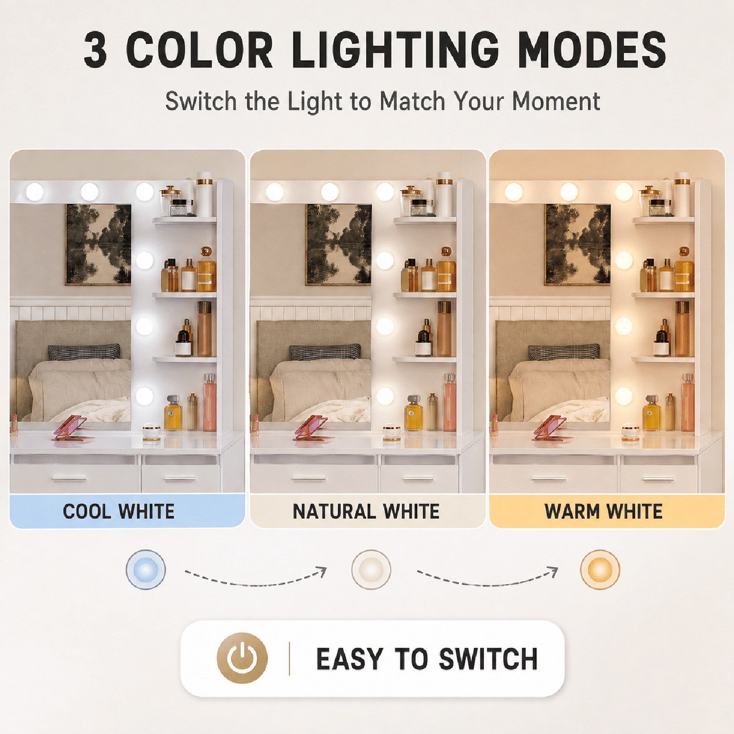 Vanity Desk with Lighted Mirror and UL-Certified Power Outlet, Makeup Table with App-Controlled RGB Light Strip, Storage Shelves, Cabinet and Drawers, MDF Wood, 35.4 in Wide