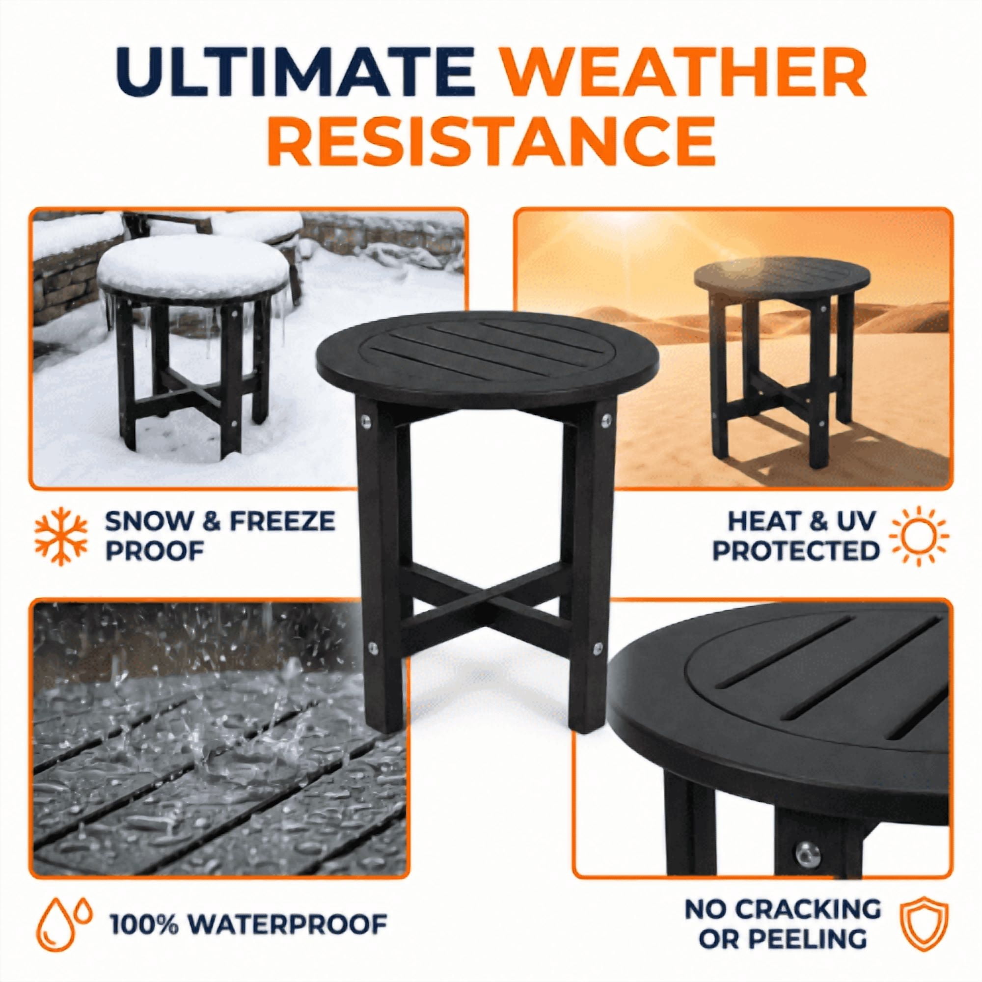 Outdoor Side Table, Small All-Weather Patio End Table, Black