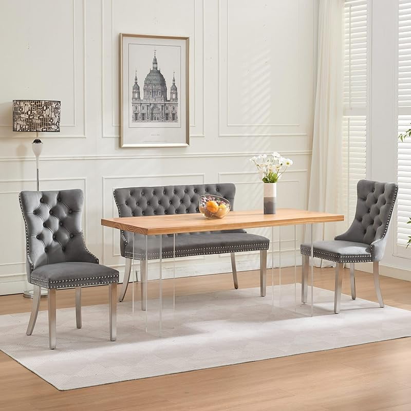 Modern Velvet Double Dining Loveseat Bench, 2 - Seat Tufted Wingback Bench with Handmade Buttons, Gold - Plated Steel Legs, Upholstered Armless Dining & Living Room Seating