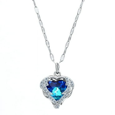 Minhin Sterling Silver Blue Sapphire Cut White Cubic Zirconia Heart Shape Pendant Necklace Jewelry Gifts for Women