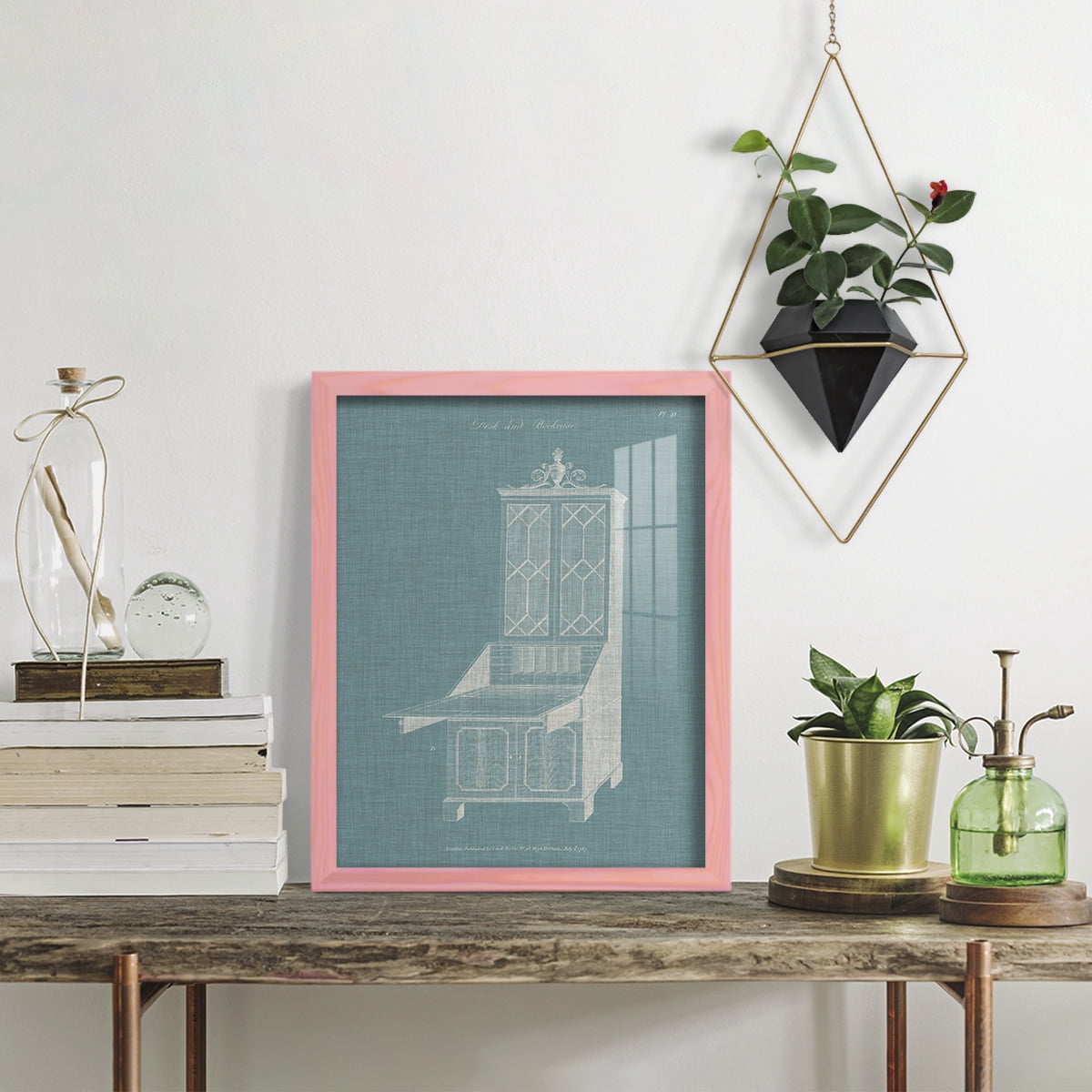 Hepplewhite Desk & Bookcase IV - Framed Print w/glass - Sunset Pink