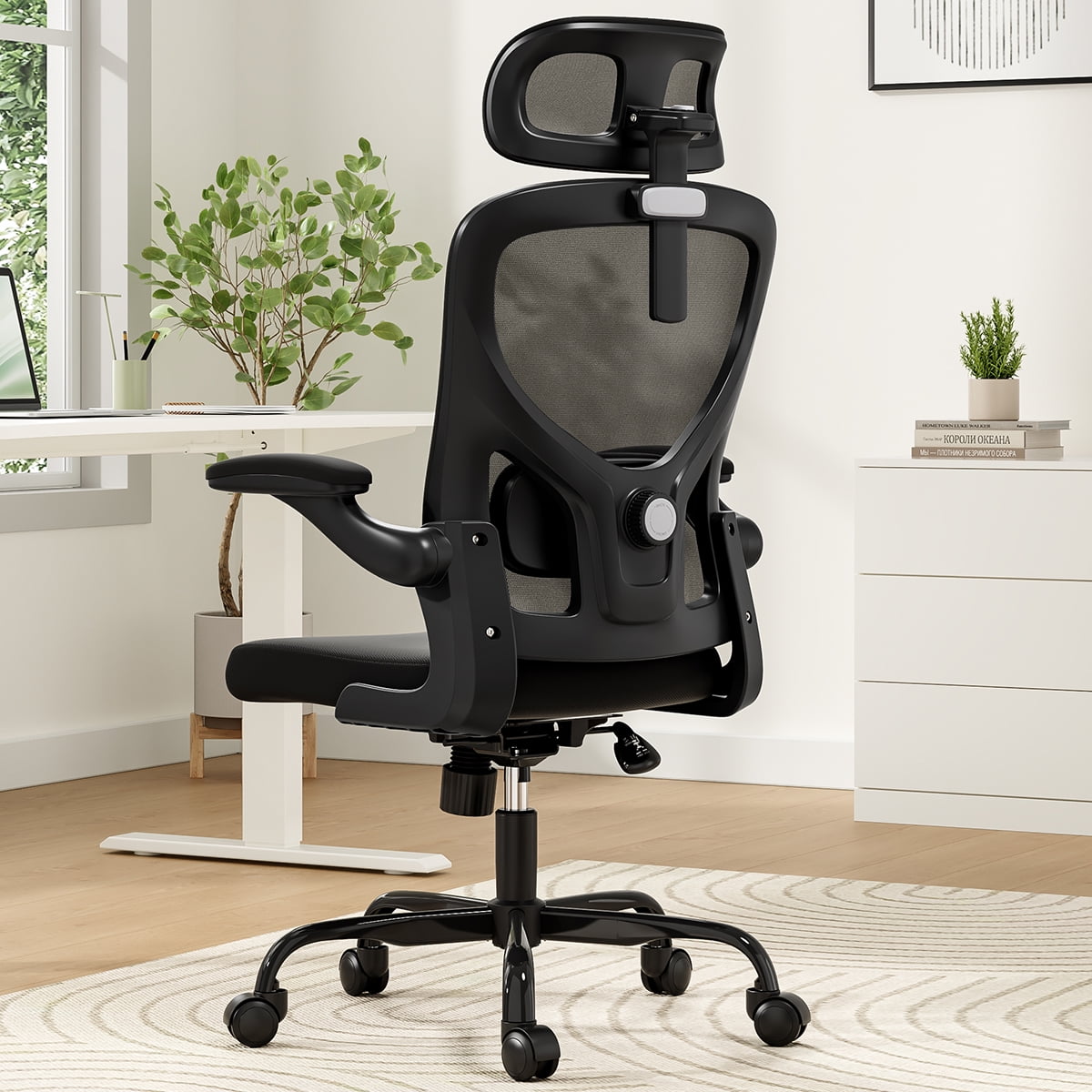 Ergonomic High Back Office Chair – Black with Adjustable Headrest & Lumbar Support, Flip-Up Armrests-Black + Nylon Mesh + Office