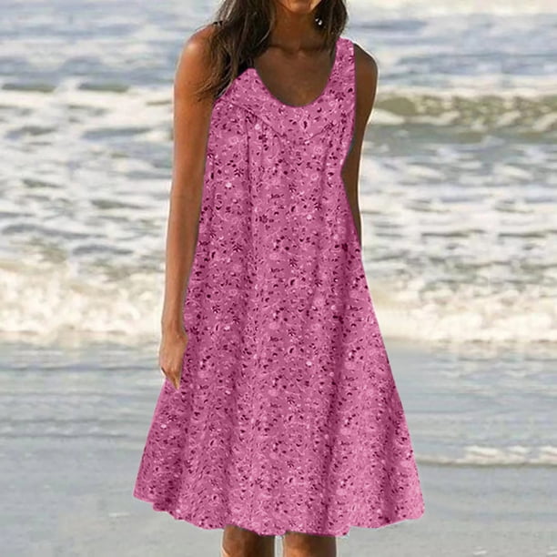 Puntoco Vestido De Verano Para Mujer, Estampado, Cuello Redondo, Sin Mangas, Talla Grande, Rosa M, Regalo Para Mujer
