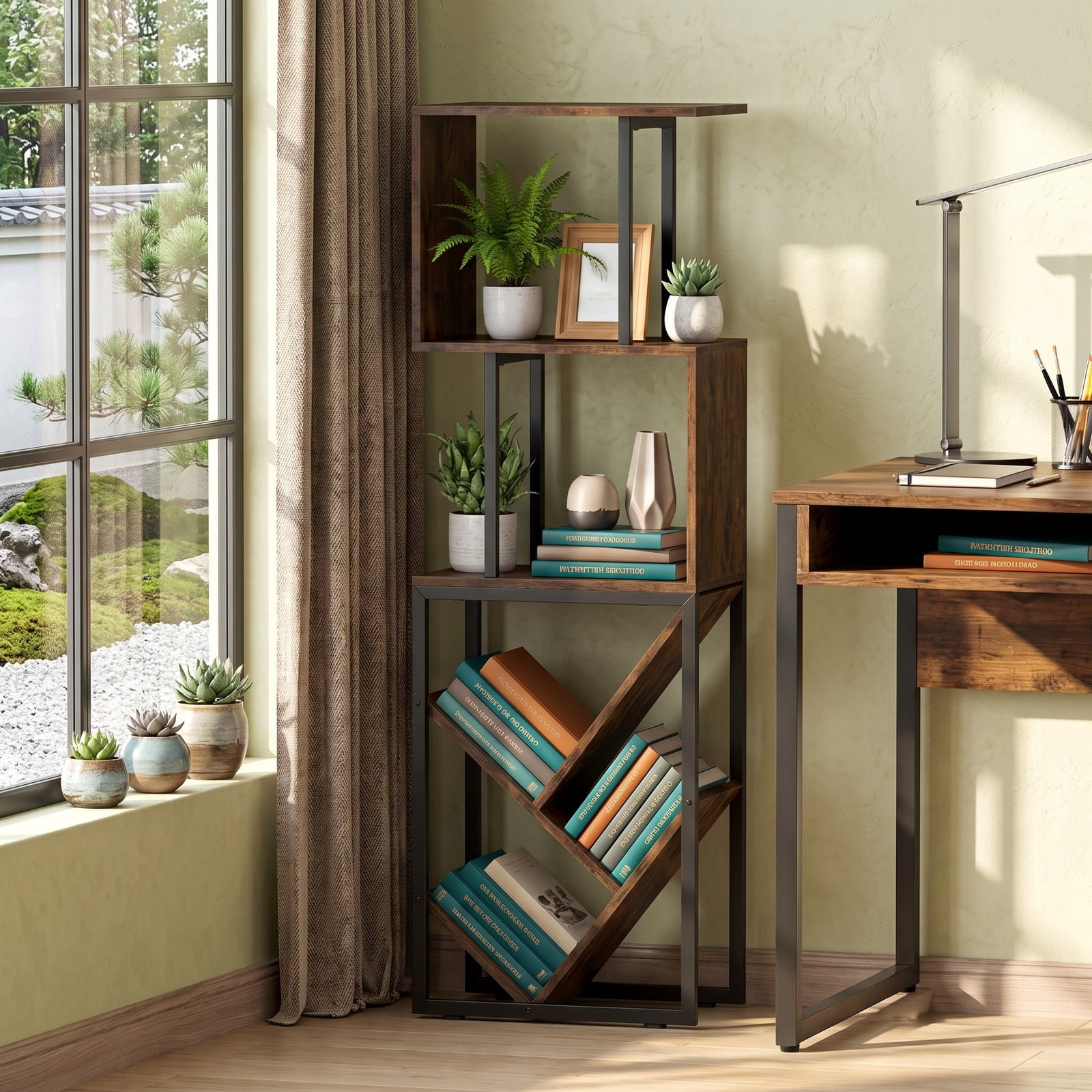 Furnibear 6-Tier S-Shaped Bookshelf, Tree Geometric Bookcase Floor Standing Storage Rack with Open Shelves and Anti-Tip Kit for Living Room, Rustic Brown and Black