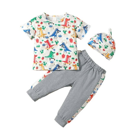 

Kucnuzki 12 Months Baby Boy Summer Outfits Pants Sets 18 Months Short Sleeve Graffiti Dino Prints T-shirt Elastci Pants 2PCS Set Multi-color