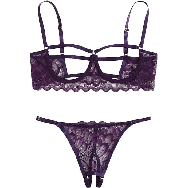 2pcs Women Sheer Lace Camisole Bra And Boyshorts Set Lingerie