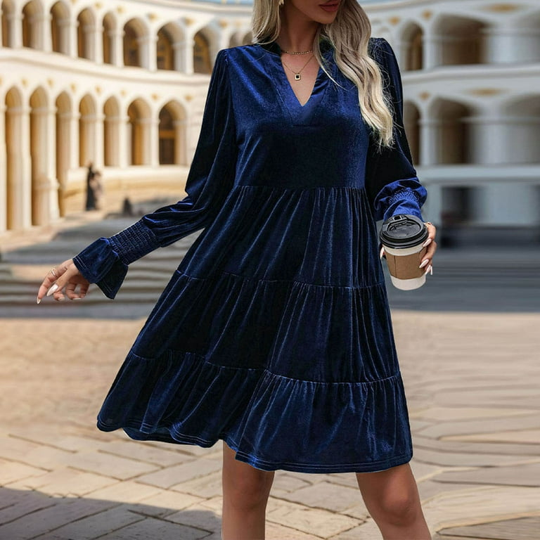 Bltiby Womens Elegant Velvet Long Sleeve Dress Casual Fall V Neck A Line Babydoll Flowy Formal Wedding Party Mini Dresses Navy XL, Women's