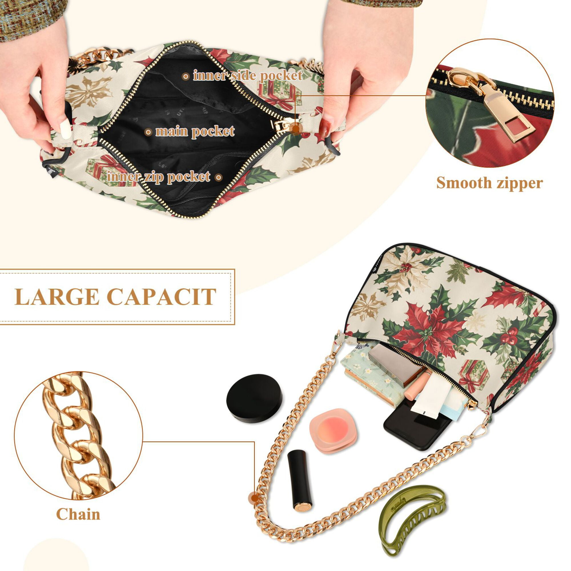 FORMRS Womens Shoulder Bag with Chain Strap Clutch Purse Cute Tote Handbag, Christmas Poinsettia