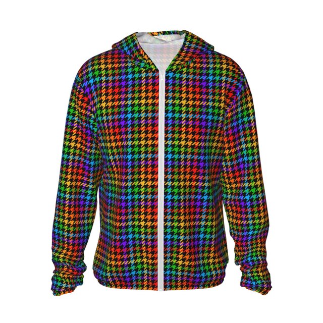 Fotbe Rainbow Houndstooth Chaqueta con Protección Solar UPF 50+ para Hombre y Mujer, Camisa con Capucha y Bolsillos-XX-Large