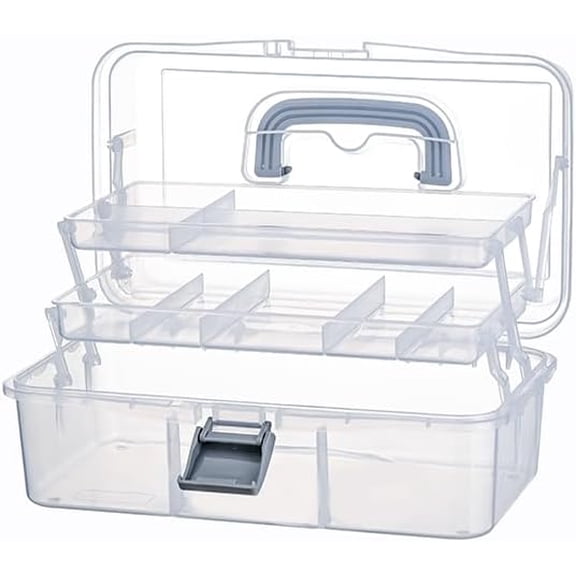 2-Tier Trays Clear Gray Plastic Storage Container Organizer Box, Multipurpose Portable Carrying Case with Latch Lock and Handle for Art, Craft, Sewing Supplies, First Aid, Makeup