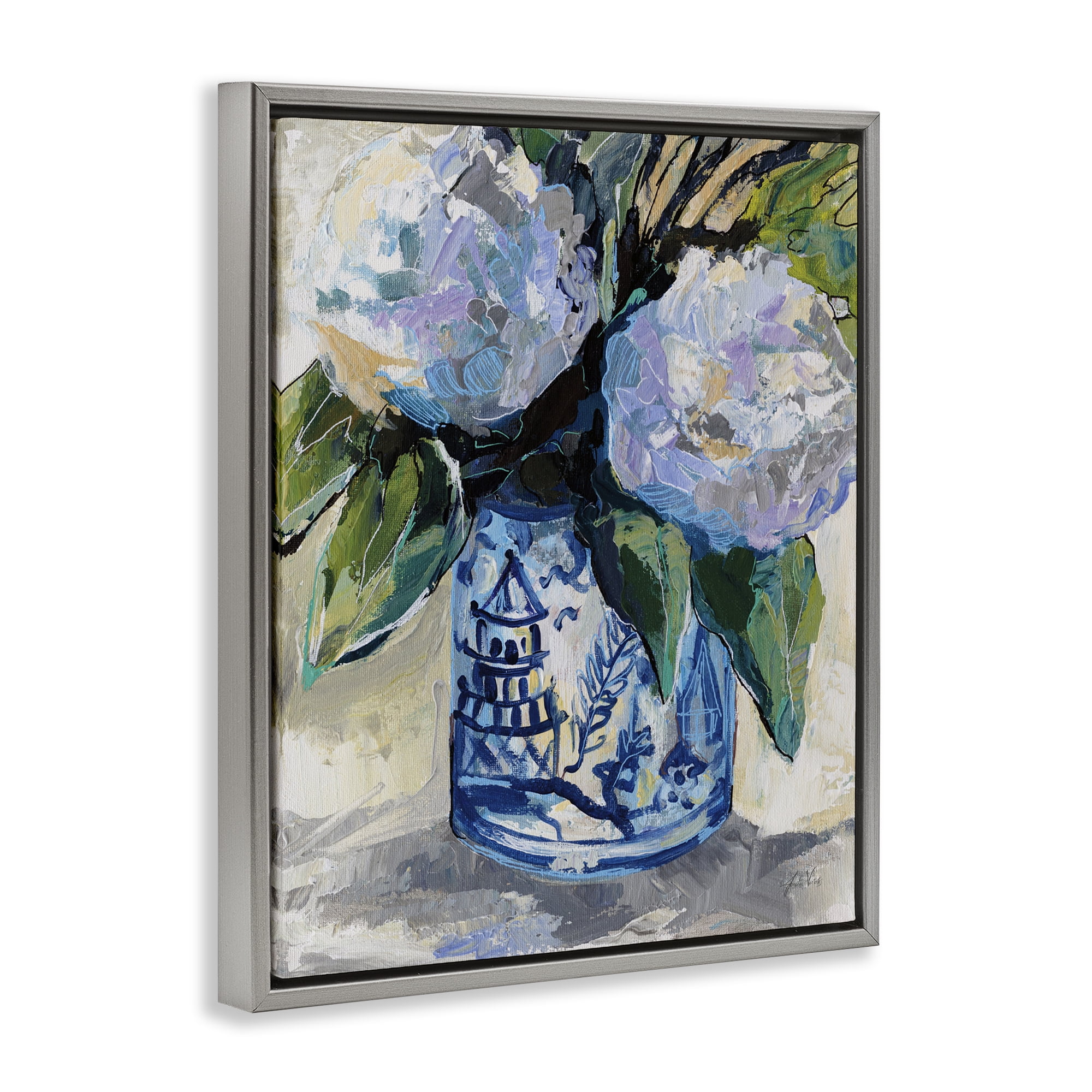 Stupell Industries August Blooming Bouquet Plants & Flowers Painting Gray Floater Framed Canvas Art Print Wall Art, 17 x 21