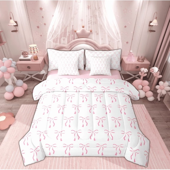 Manfei Cartoon Cute Ribbon Twin Bedding Sets 7-Piece, Girly Pink Bowknot Bedding Comforter Set, Teens Boys Girls Kids Reversible Sheet Sets, Microfiber Bedroom Decor